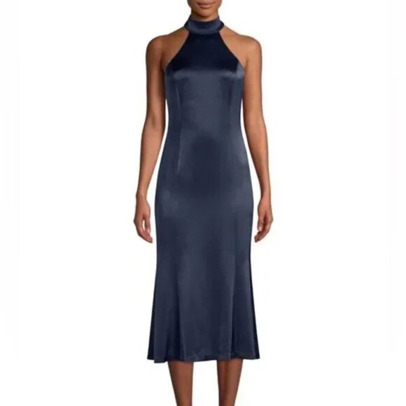 Alice + Olivia LIKE NEW Regina Satin Tieneck Halter Dress in Navy Blue - Picture 2 of 12